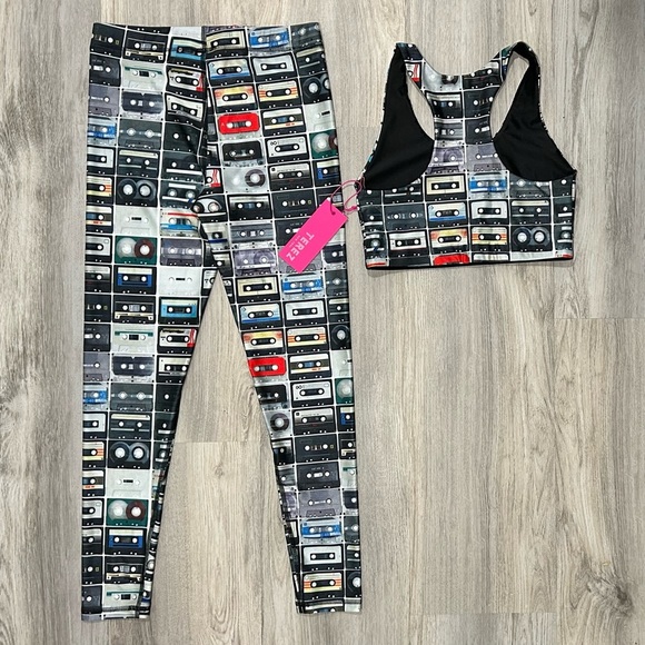 NWT Terez 2-Piece Set Hi Shine Mixtapes Y2K Pattern Leggings Sports Bra Size S - Picture 6 of 7